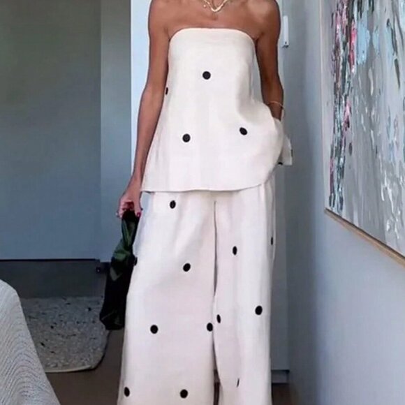 Elegant 2 piece polka dot tube top and wide legged coord set